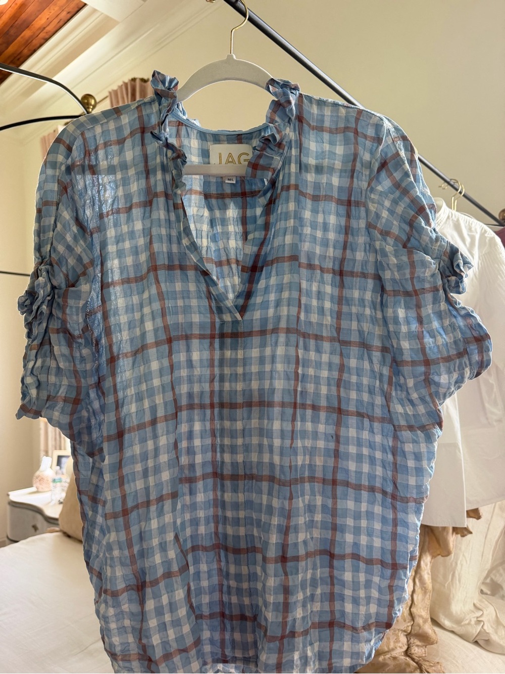 Jag Blue & Brown Plaid Ruffle Neck Blouse